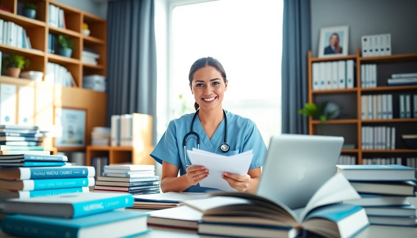 nursing ceus online courses with a professional nurse in a bright study environment