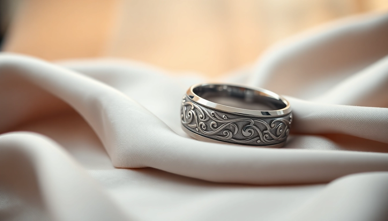 Admiring a polished tungsten wedding ring with intricate details, shining gracefully.