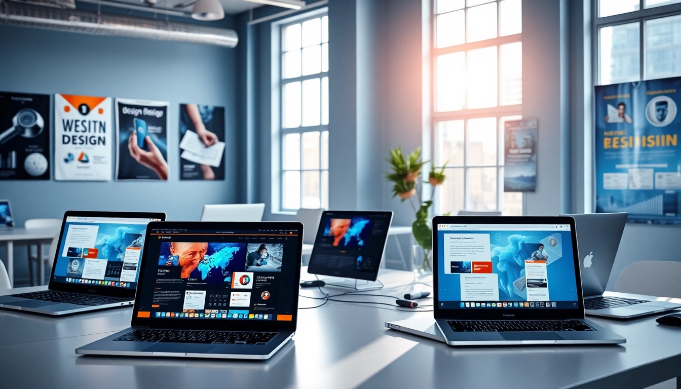 Showcasing website design tools and vibrant interface displays in a professional workspace.