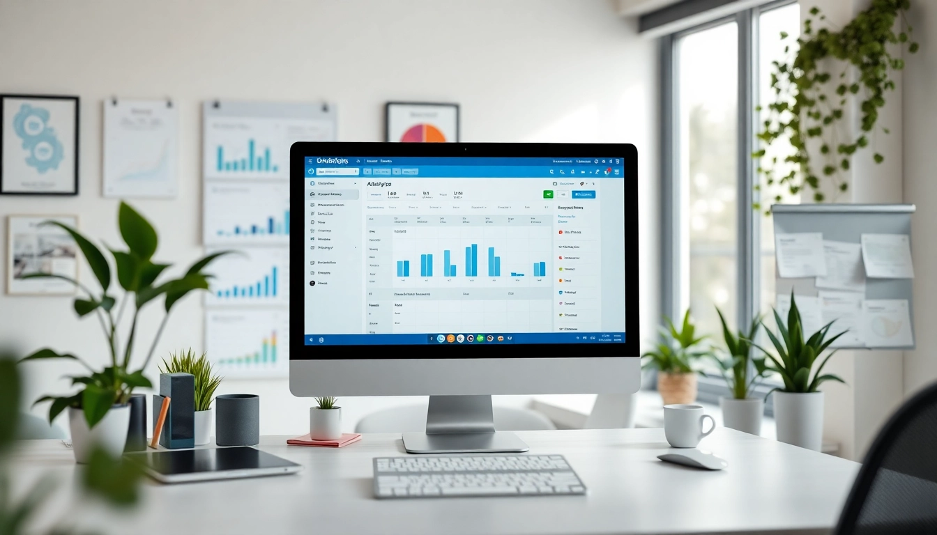 Showcasing social media and blog automation tools in a modern office workspace.