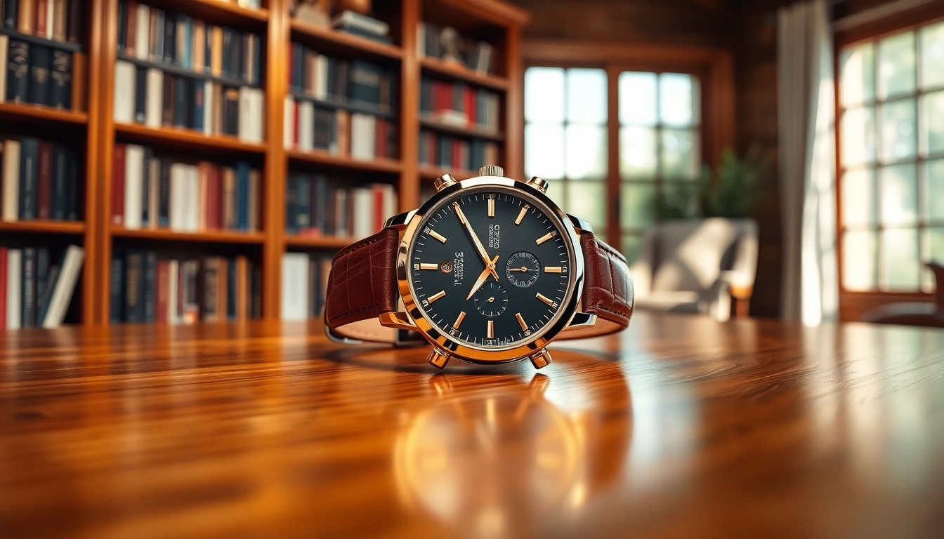 Herren Armbanduhr, elegant auf einem Holztisch arrangiert.