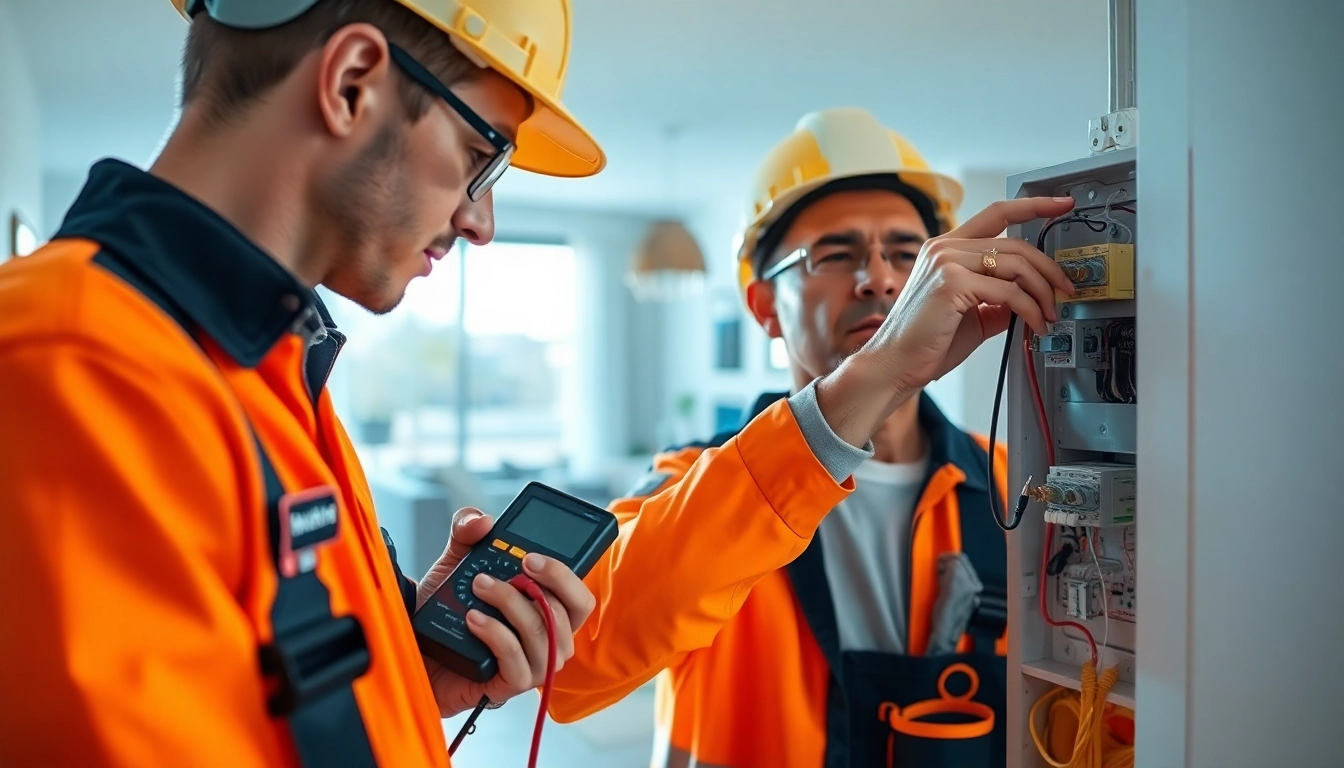 Electrician provides professional electrical service maintenance in a modern home, inspecting a panel.