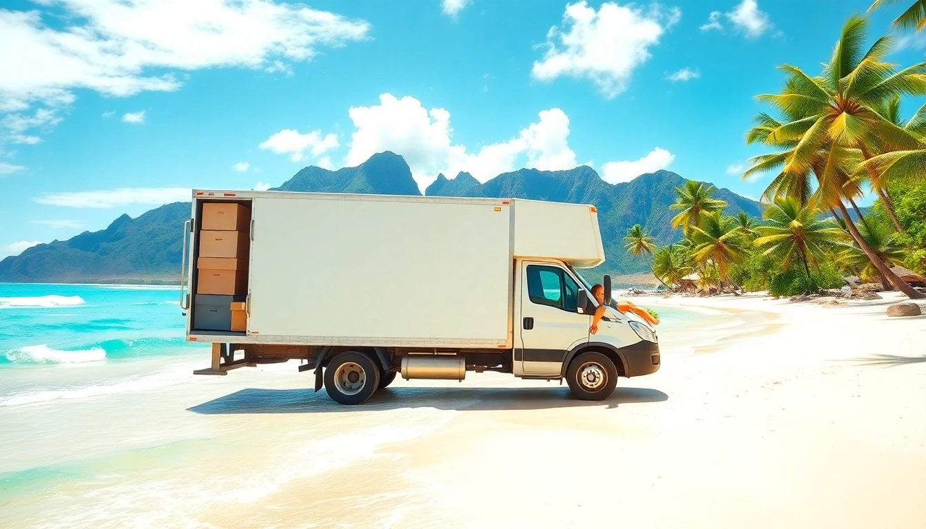 Moving from Alaska to Hawaii depicted with a moving truck on a sunny Hawaiian beach.