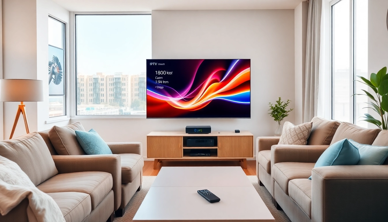 Comprar IPTV en una sala moderna con un televisor mostrando contenido dinámico y un ambiente acogedor.