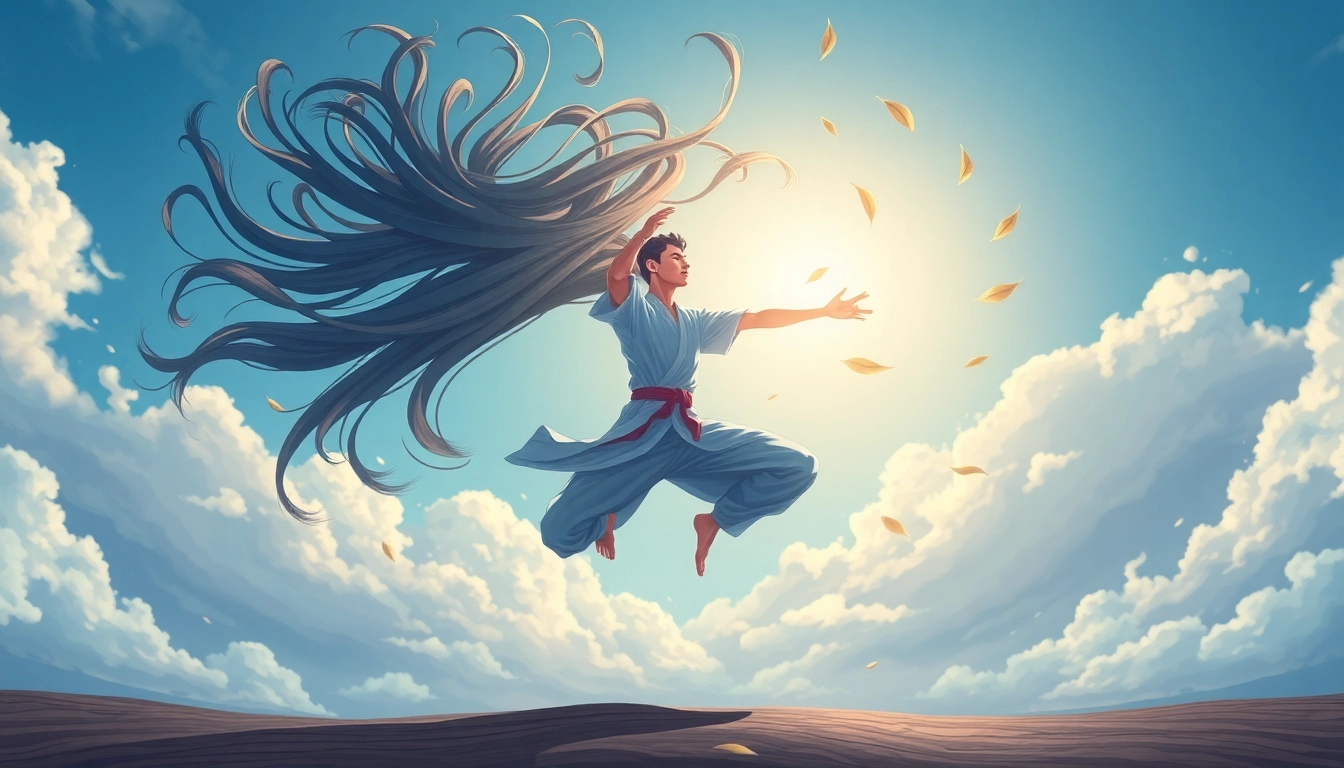 AirBend demonstration of fluid movements amidst swirling clouds and leaves.
