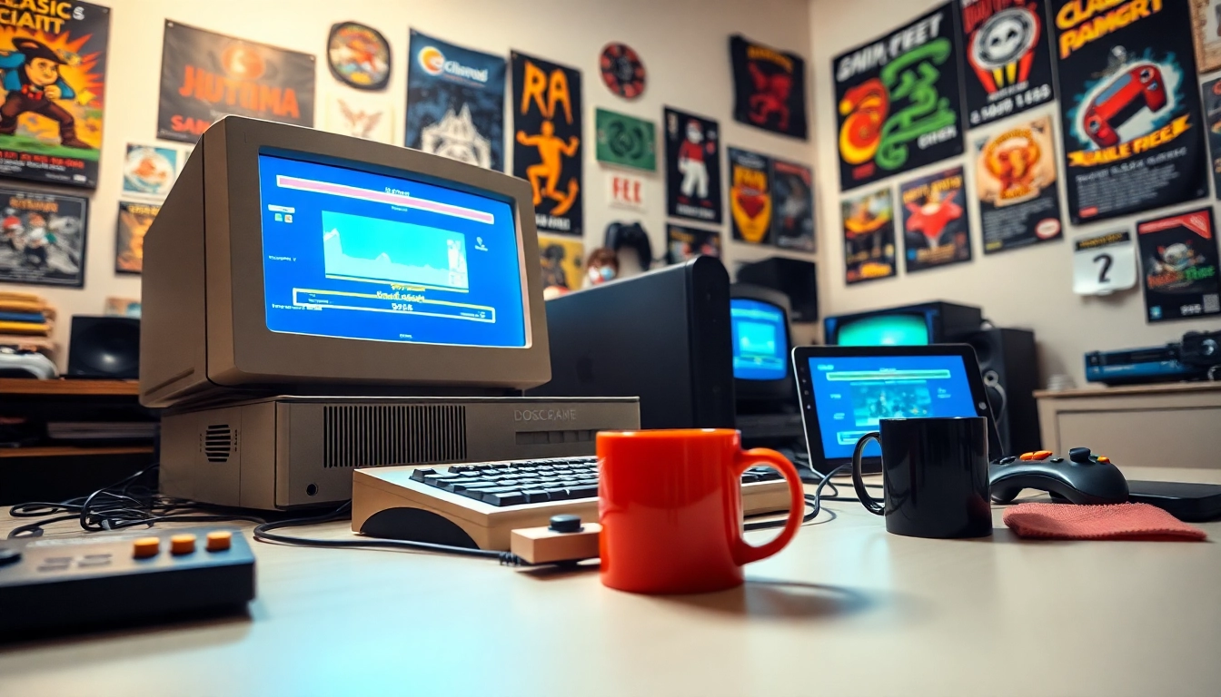 Engaged user playing dos games online on a vintage computer with gaming memorabilia.