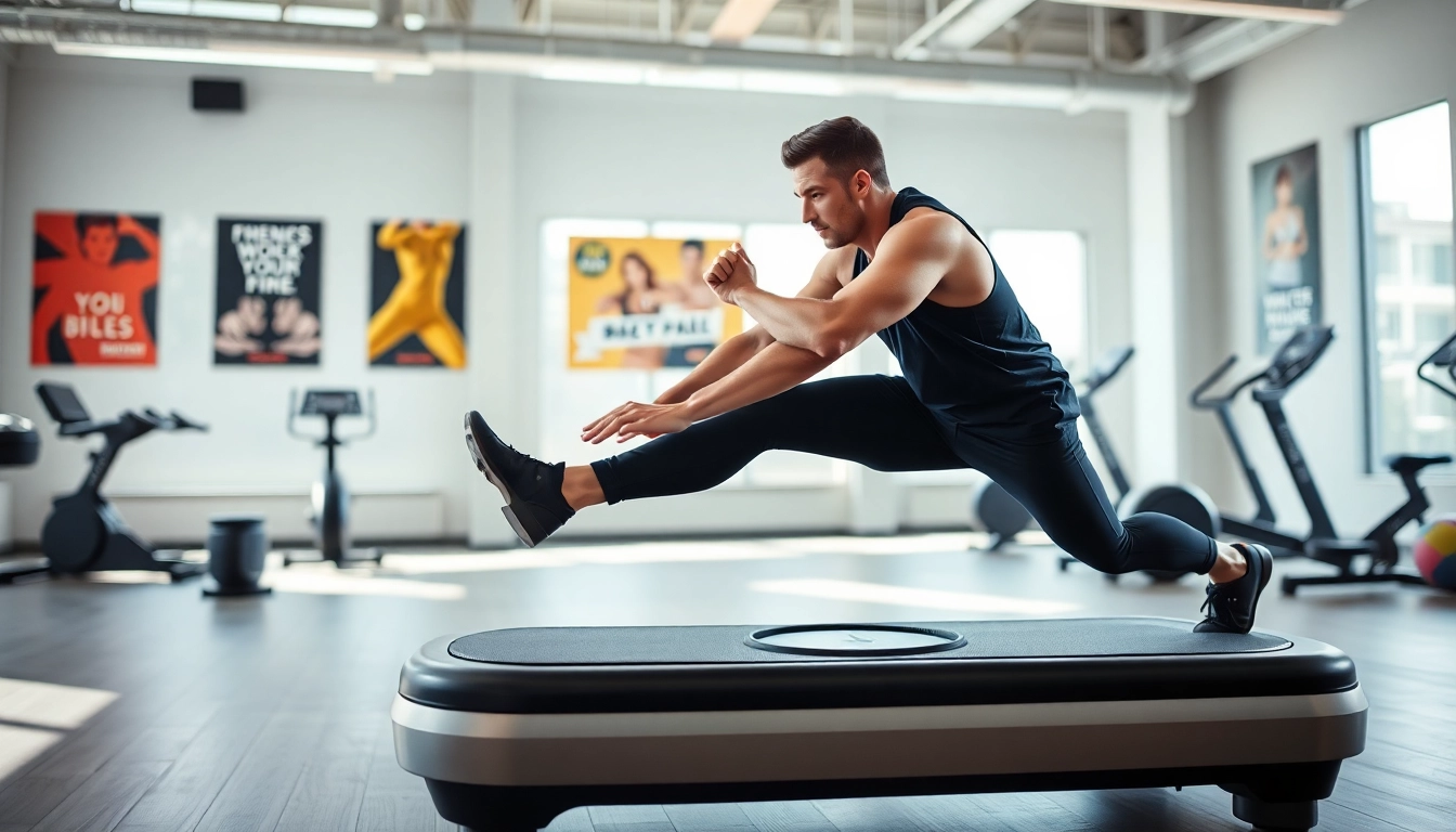 Engaging whole body vibration therapy session on a modern vibration plate in a bright gym setting.