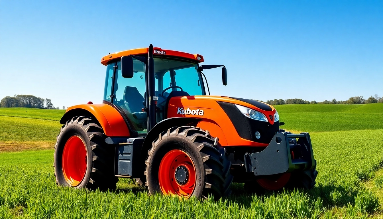 Kuboata Traktor auf saftigem Acker mit strahlendem Himmel und dynamischen Details