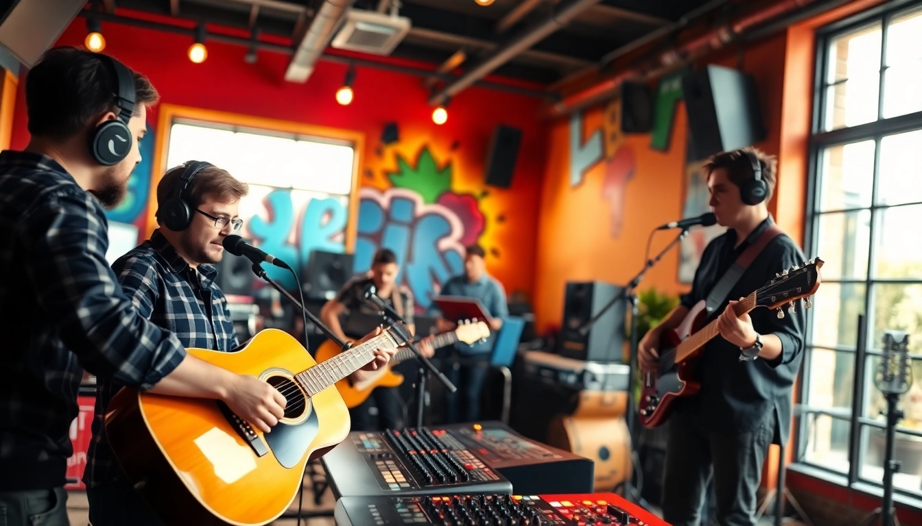 Engaging professionals utilizing music promotion services in a vibrant studio setting.