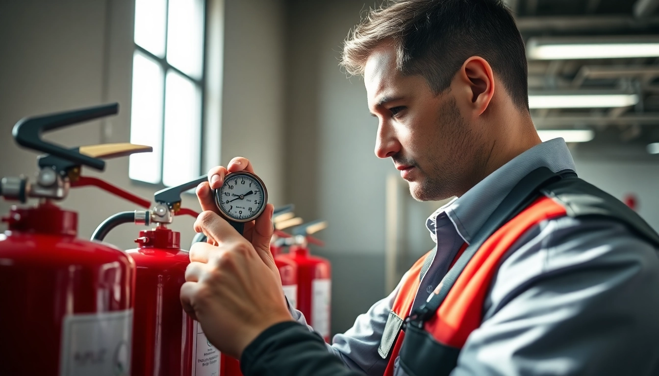 Technician performing fire extinguisher checks in a professional environment, ensuring safety.