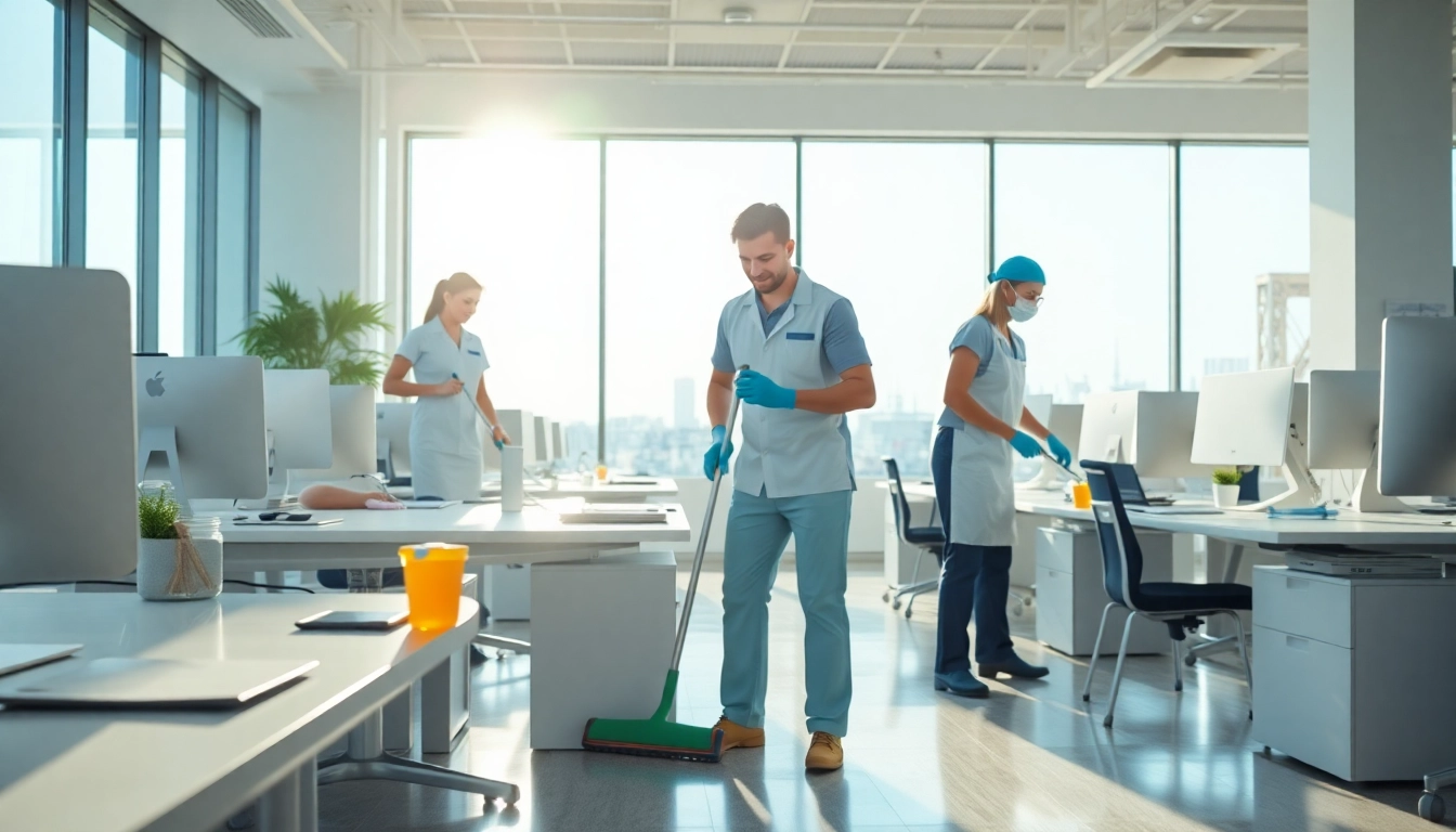 Efficient commercial cleaning Melbourne team sanitizing a bright modern office space with professionalism.