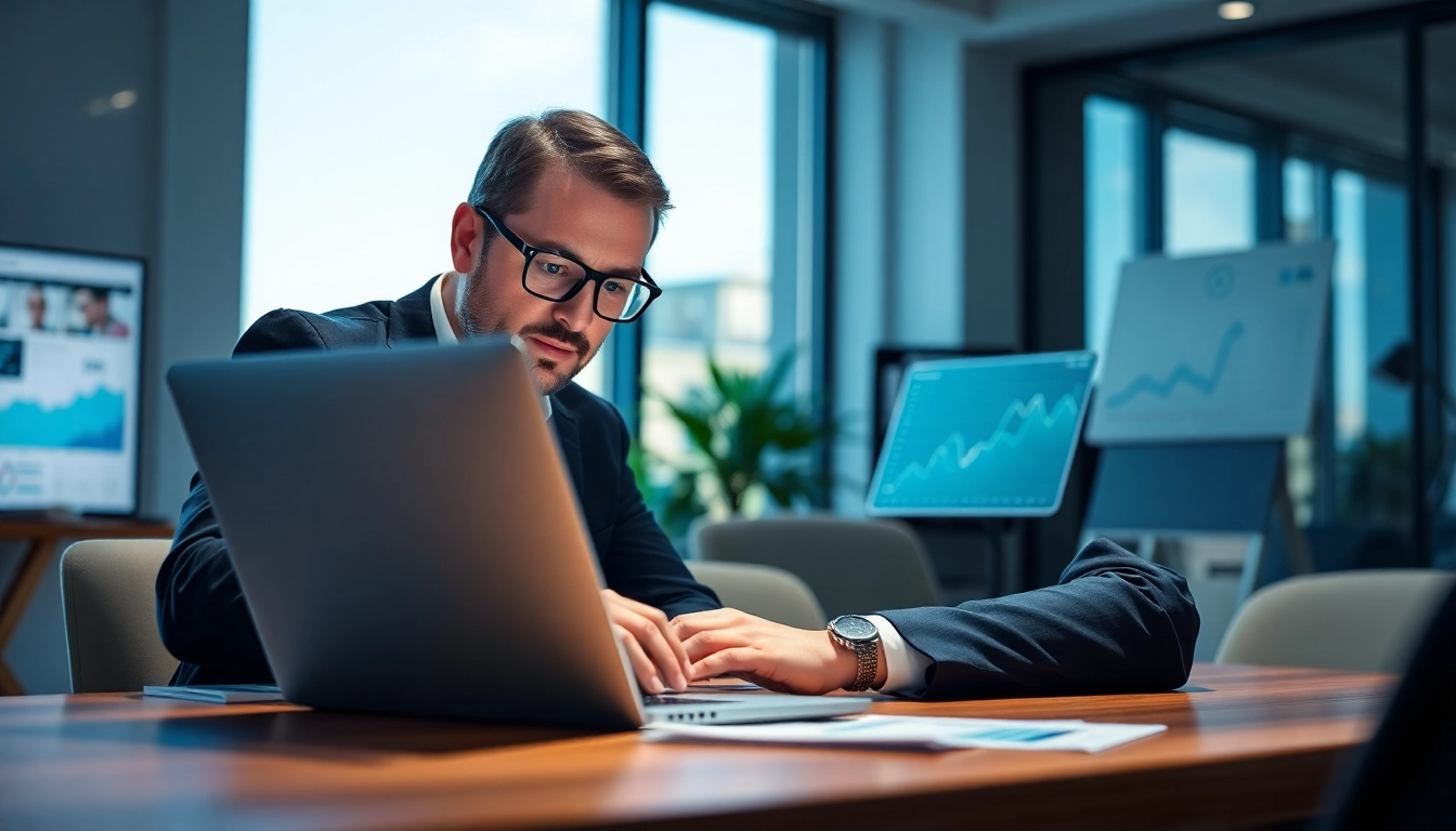 Engaging business analyst using AI for competitor analysis in a modern office.