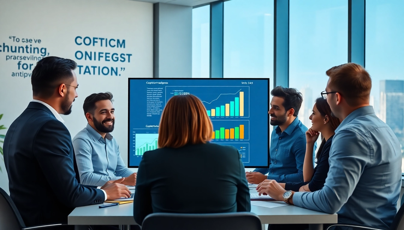 Analyze competitive intelligence strategies with a diverse team in a modern office setting.