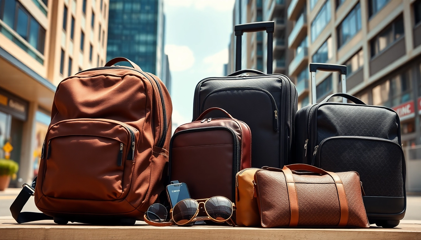 Showcasing sleek travel gears designed for urban adventurers with a modern city backdrop.