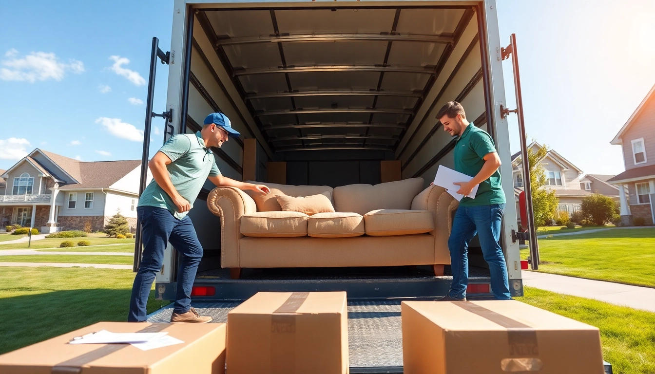 Efficient moving team at https://bennettsmoving.com/ loading furniture into a truck in a welcoming neighborhood.