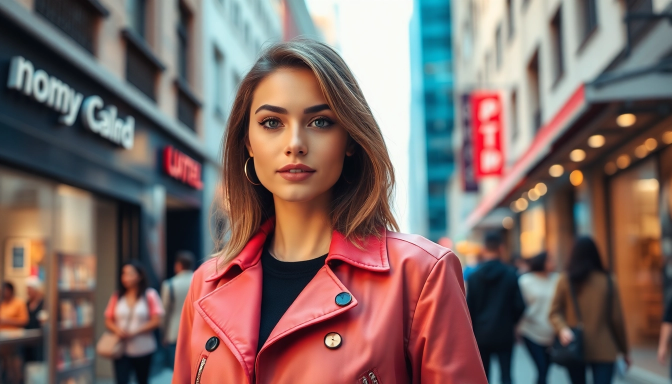 Fashionable woman in a stylish jacket women against a vibrant urban backdrop.