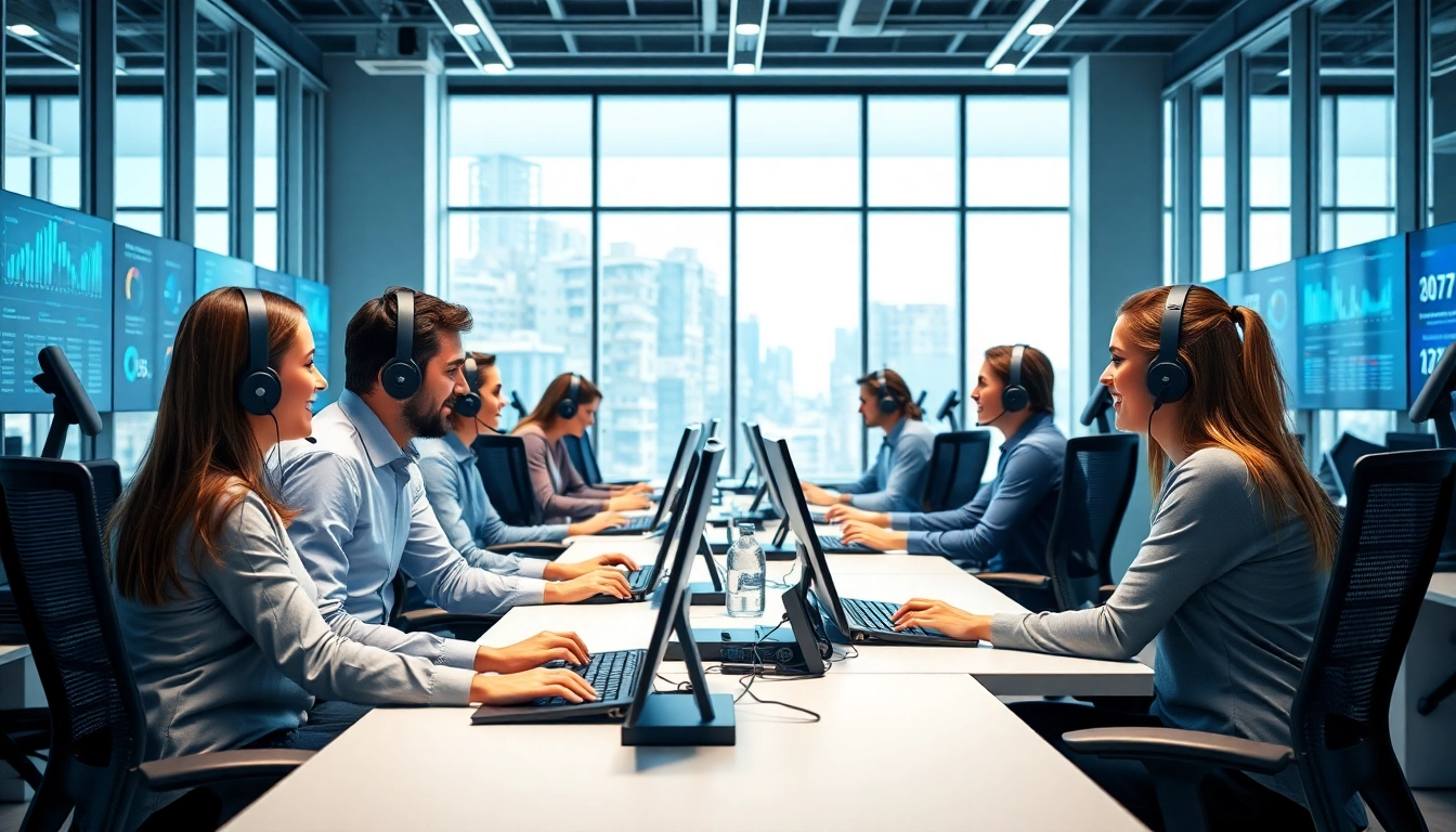 Engaged team of call center professionals showcasing Outsource Call Center Services in a modern office setting.