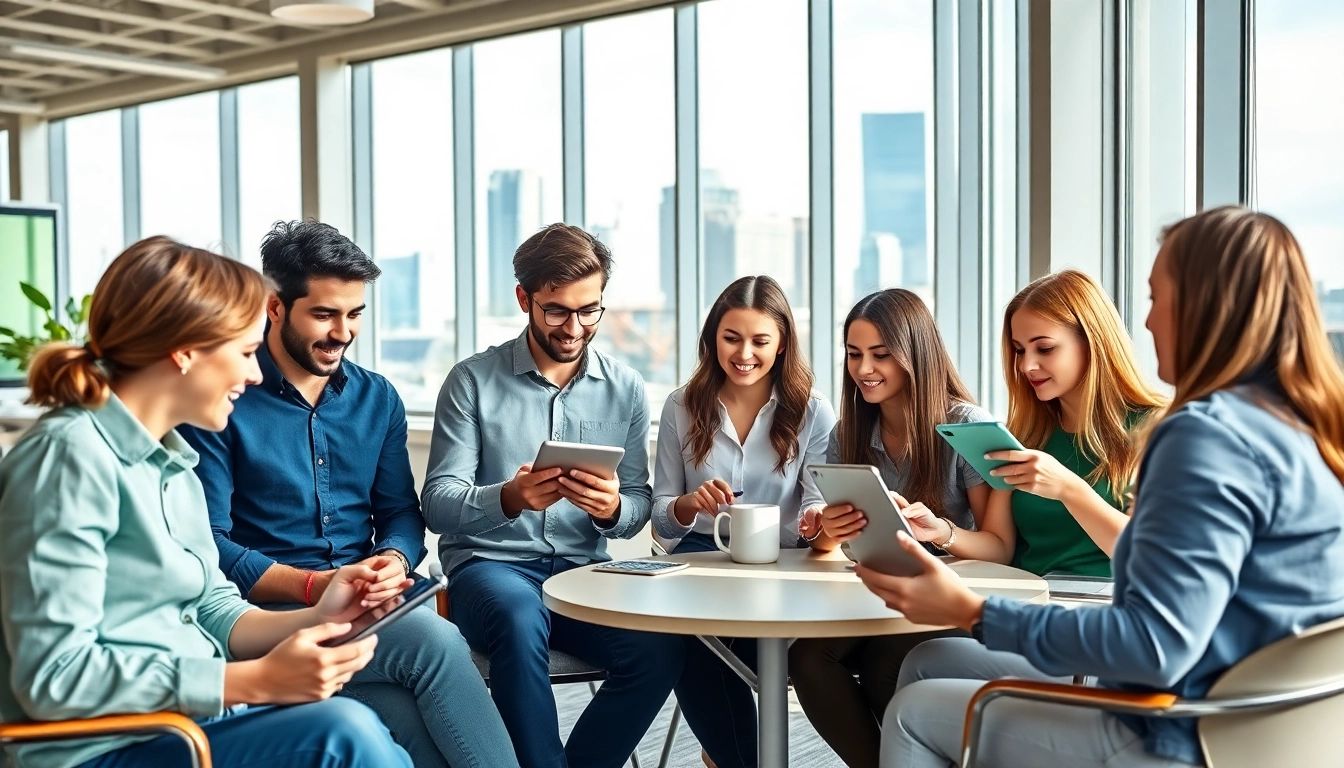Team of social media marketing companies edmonton strategizing together in a modern office