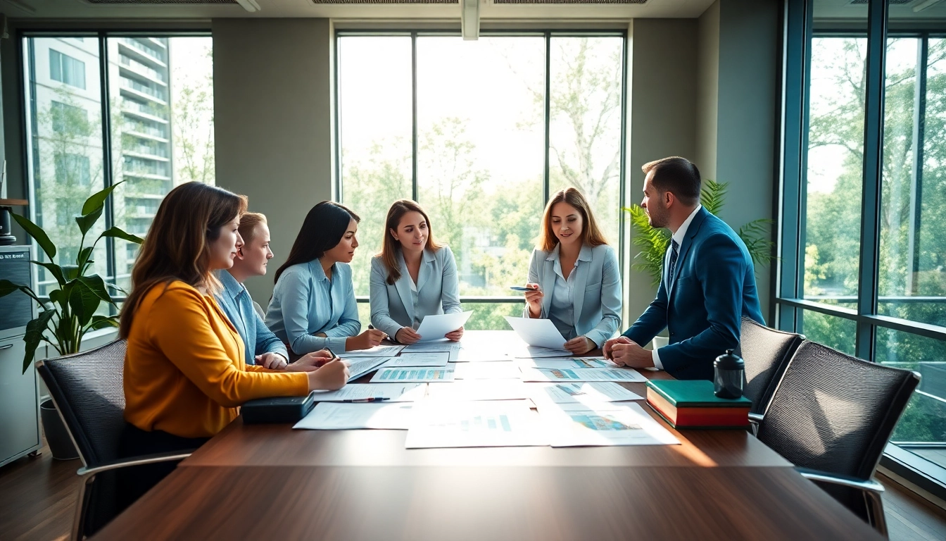 Legal professionals from an environmental law firm strategizing on sustainability cases in a bright office.