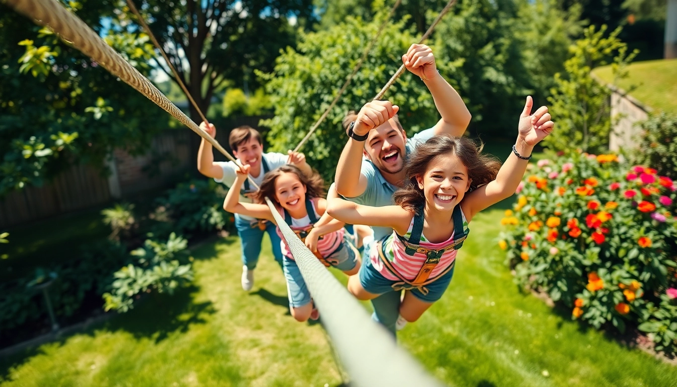 Family enjoying a thrilling ride on a ZIP WIRE KIT in a sunny backyard.