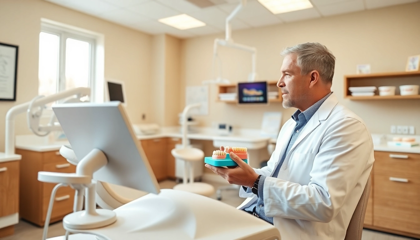 Discussing dental bridges between a dentist and a patient in a modern clinic