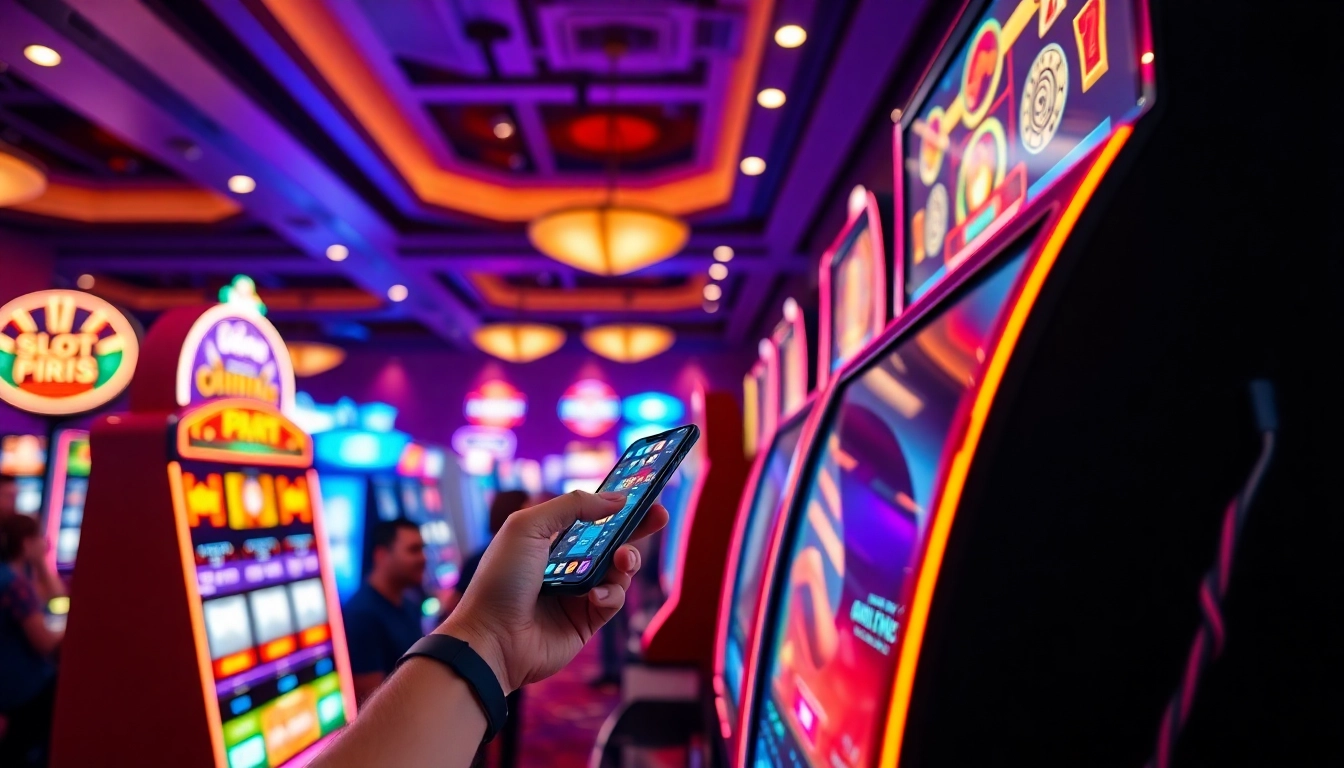 Slot QRIS integration on a modern slot machine in a vibrant casino atmosphere.