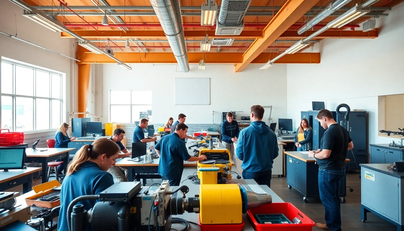 Students learning at a trade school Knoxville TN demonstrating hands-on skills in a bright classroom.