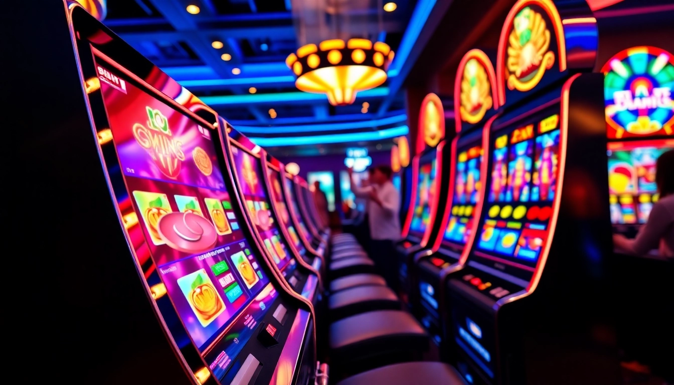 Menggambarkan judi slot online batman138 dengan mesin slot modern dan suasana kasino yang hidup.