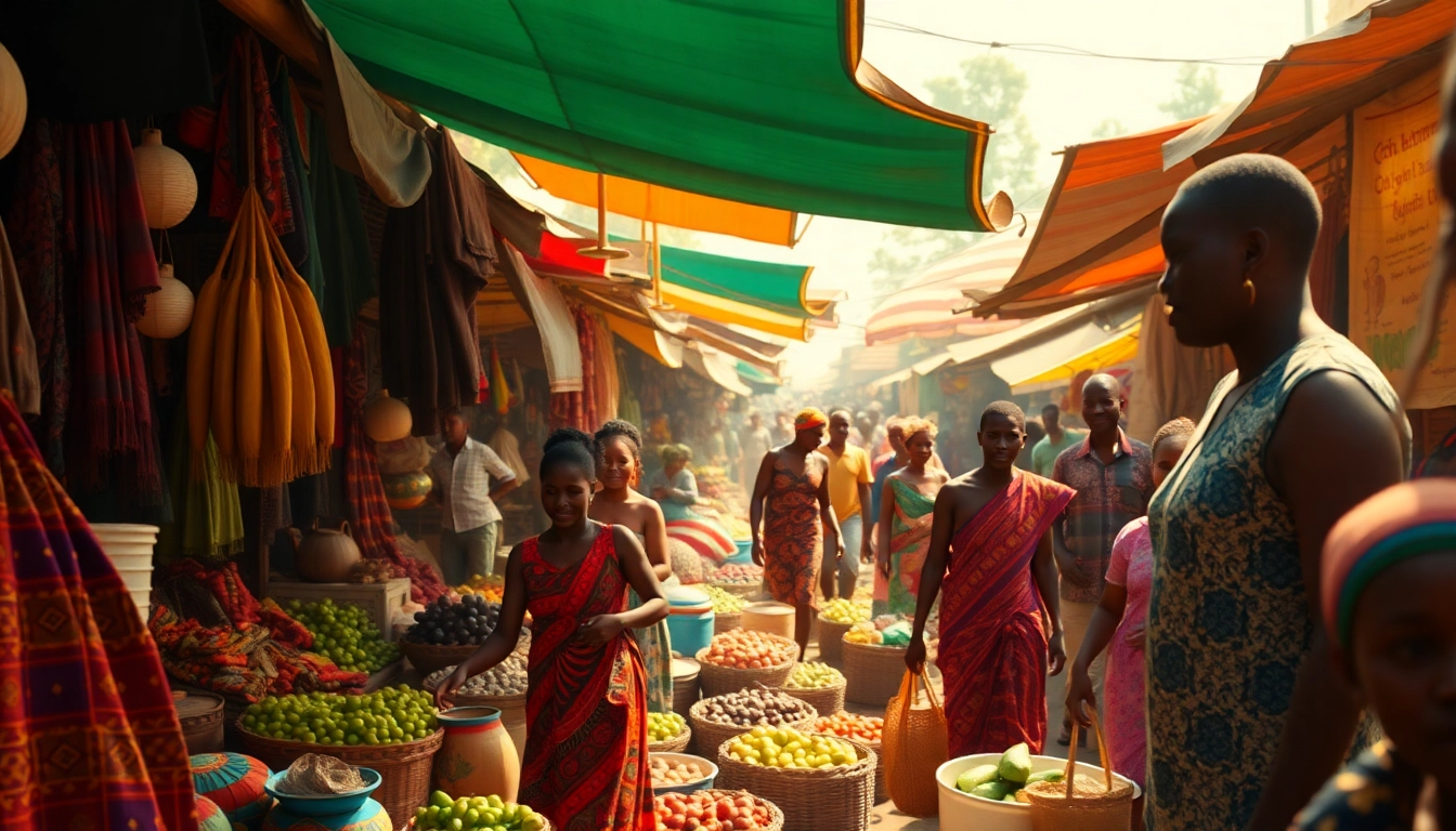 Analyze BRICS Afrique through a vibrant depiction of an African market filled with diverse goods and cultural richness.