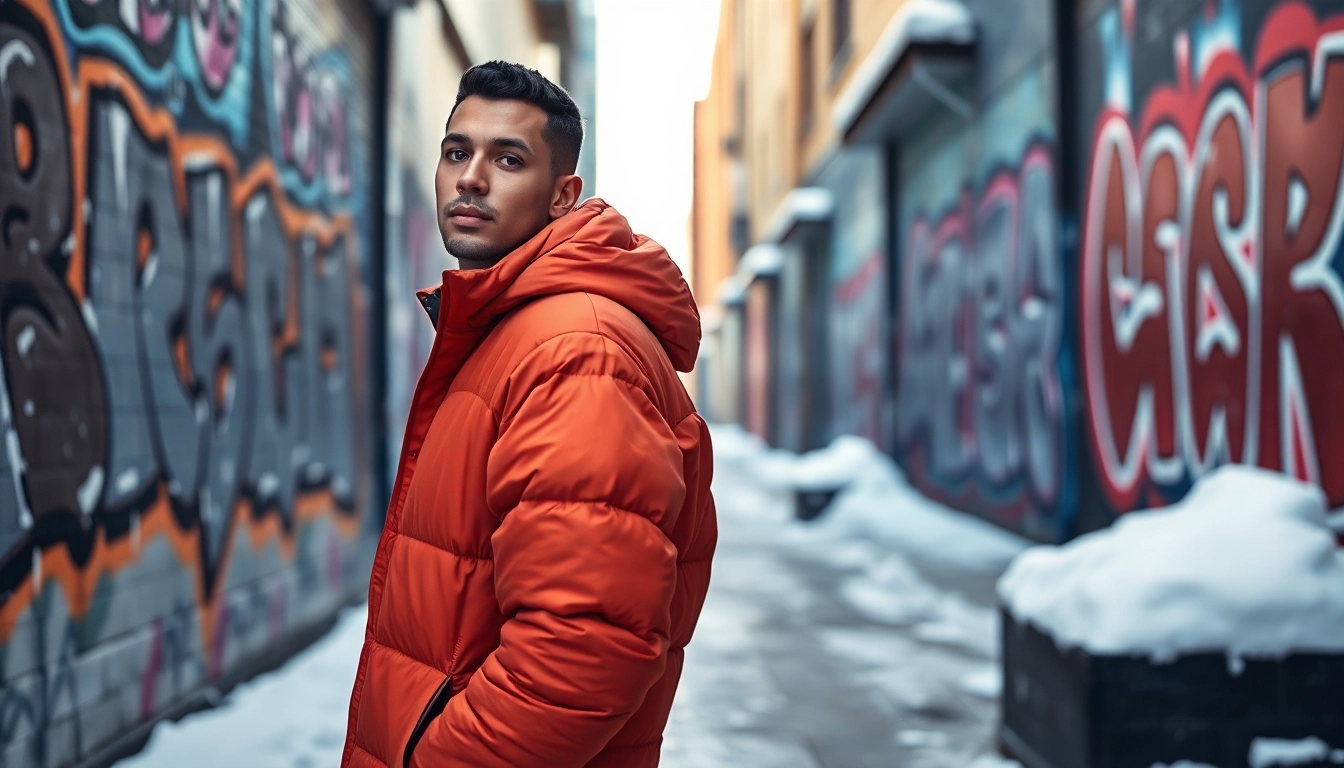 Wearing an Oversize Puffer Jacket, model poses against a vibrant urban backdrop.