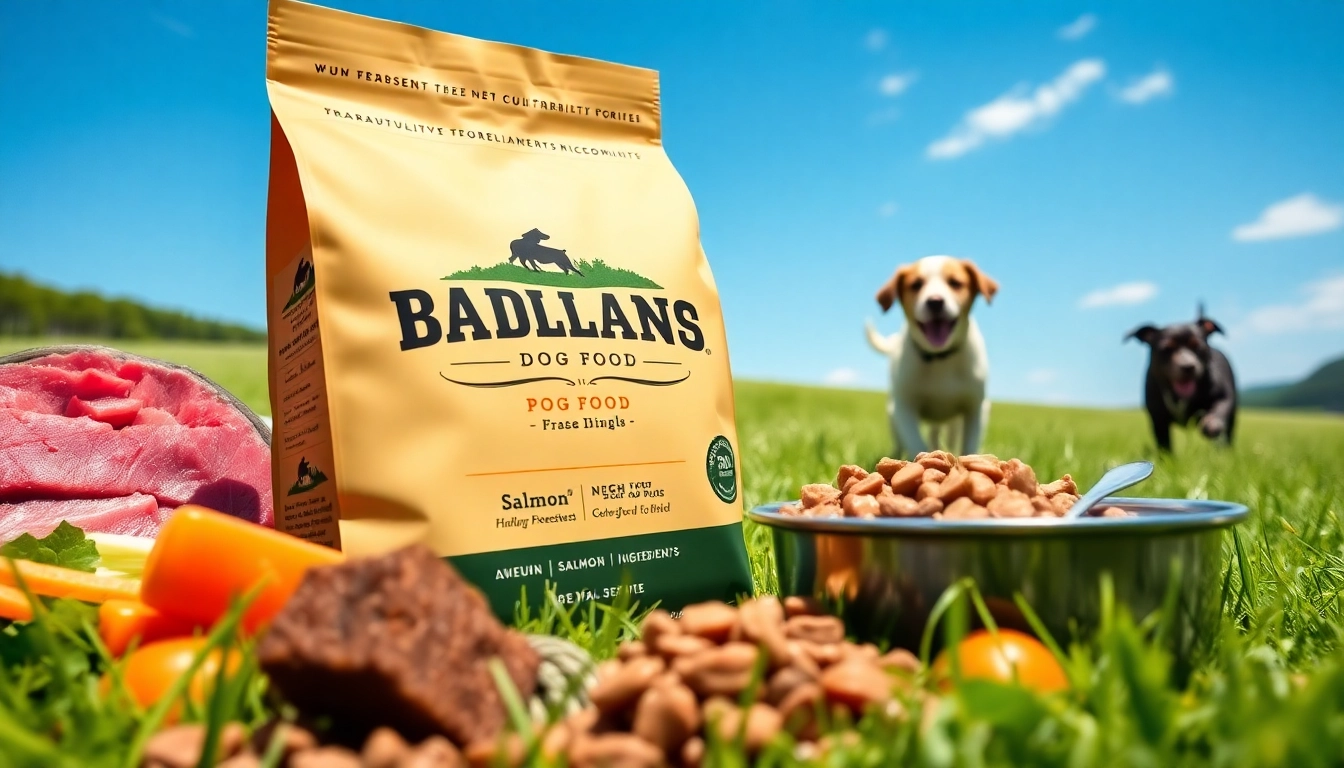 Servings of badlands ranch dog food canada with vibrant fresh ingredients and a lively atmosphere.