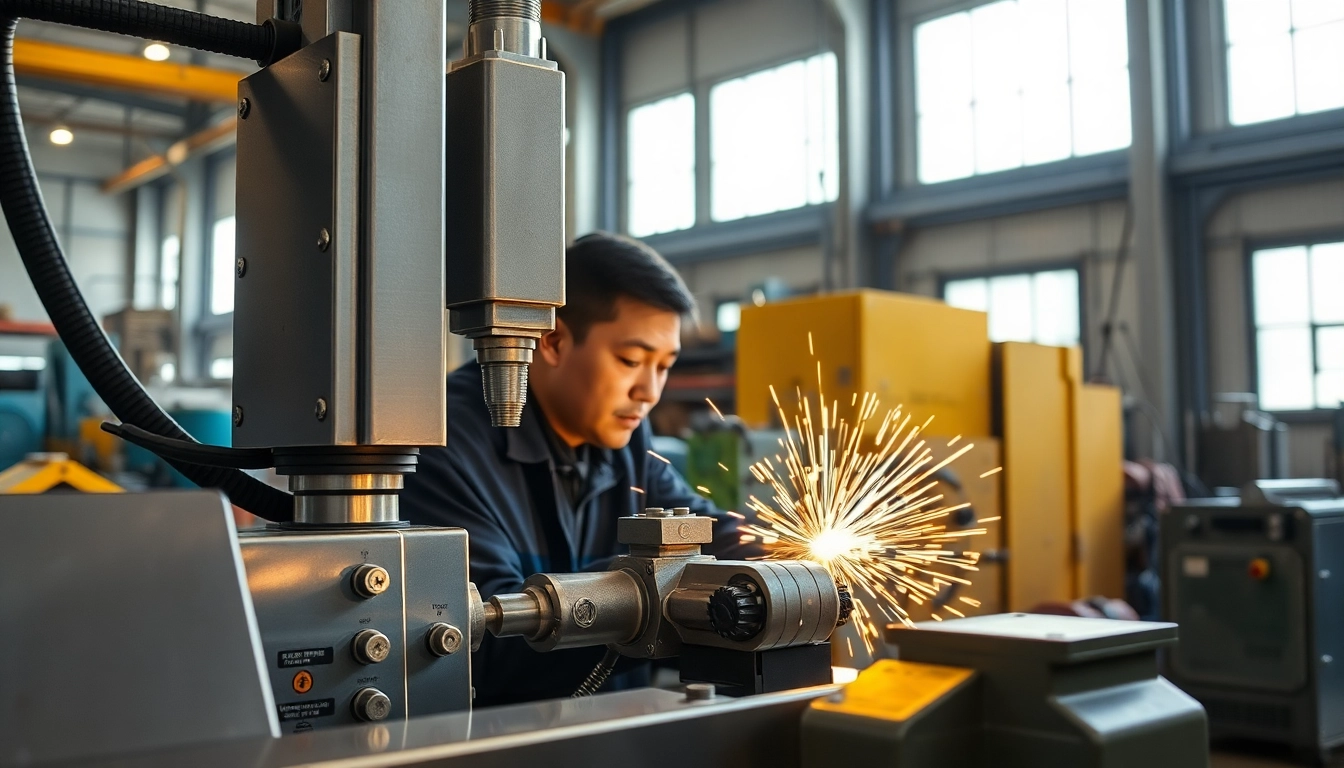Technician using a laser welding machine in a vibrant industrial setting.