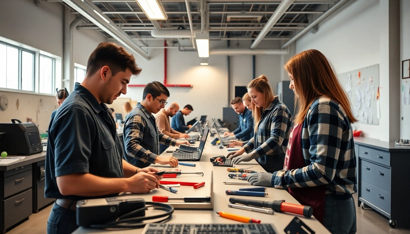 Engaged students in a trade school Knoxville TN, showcasing hands-on learning experience.