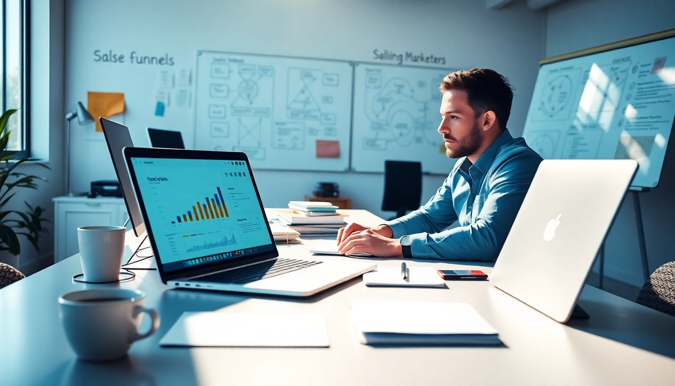 Implementing Russell Brunson funnel secrets with an analytical marketer at a sleek workspace.