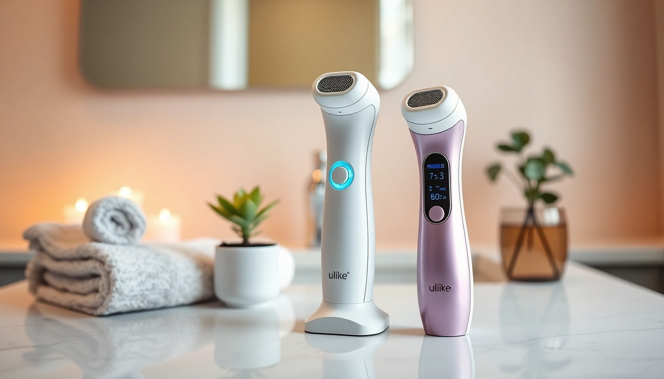 Compare ulike vs 5 min skin hair removal devices showcasing their features on a stylish vanity.