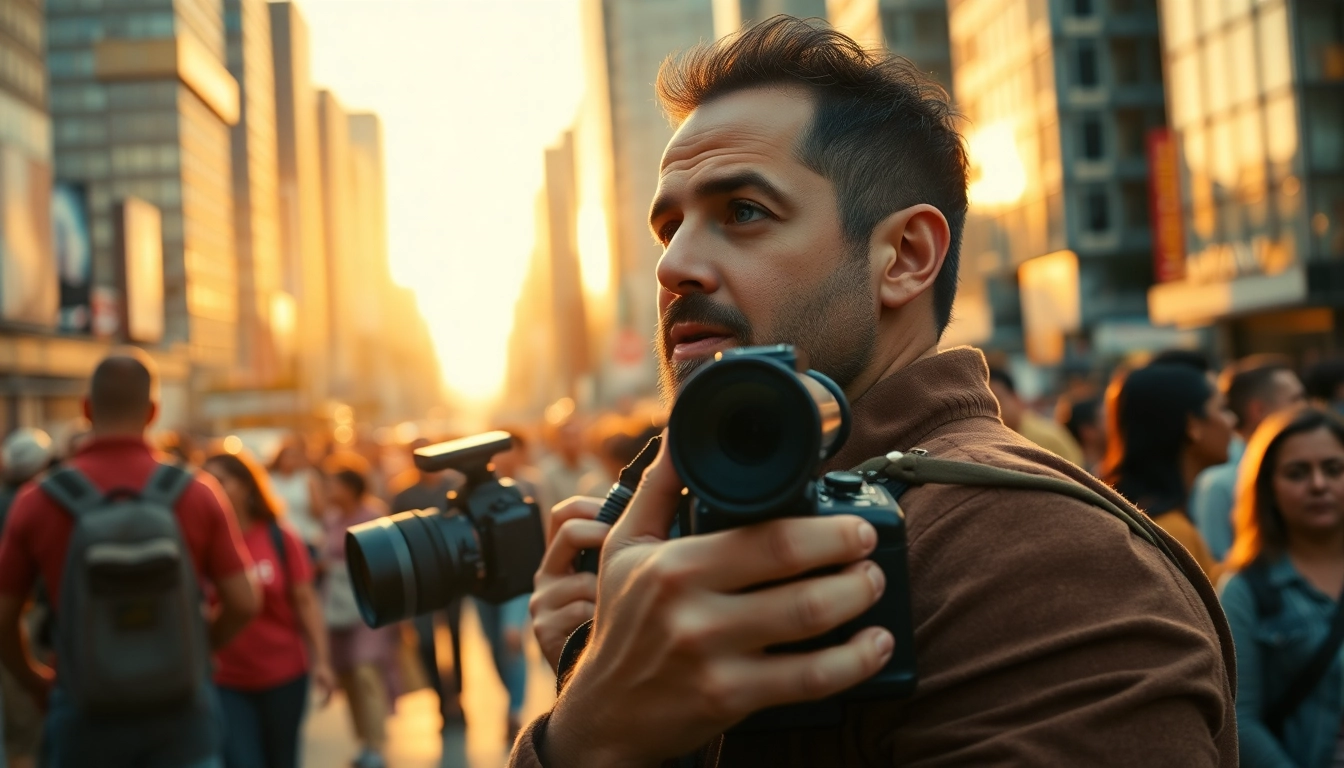 Director capturing powerful Stories & Documentaries with crew amidst a vibrant city skyline.