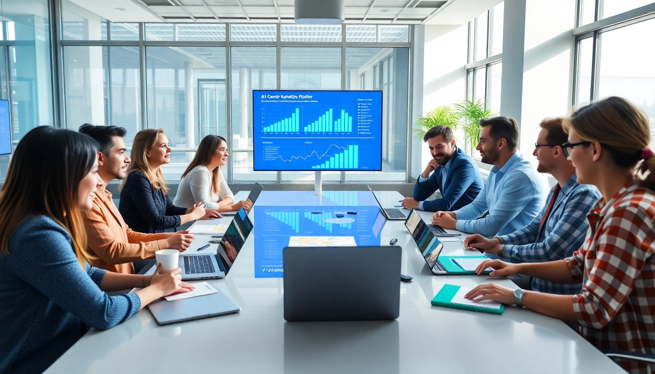 Engaged marketing team collaborating on strategies for an AI content marketing platform.