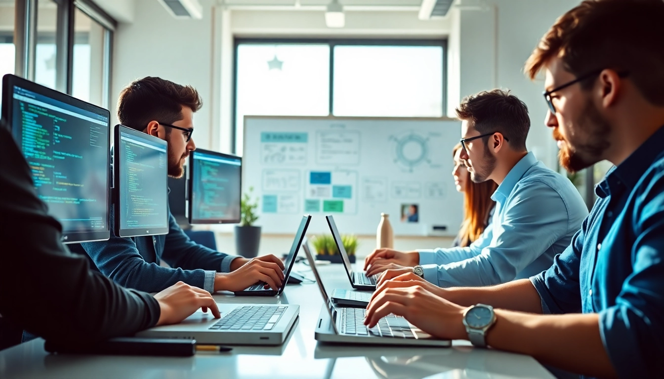 Web development team collaborating in a modern office setting with diverse technology tools.