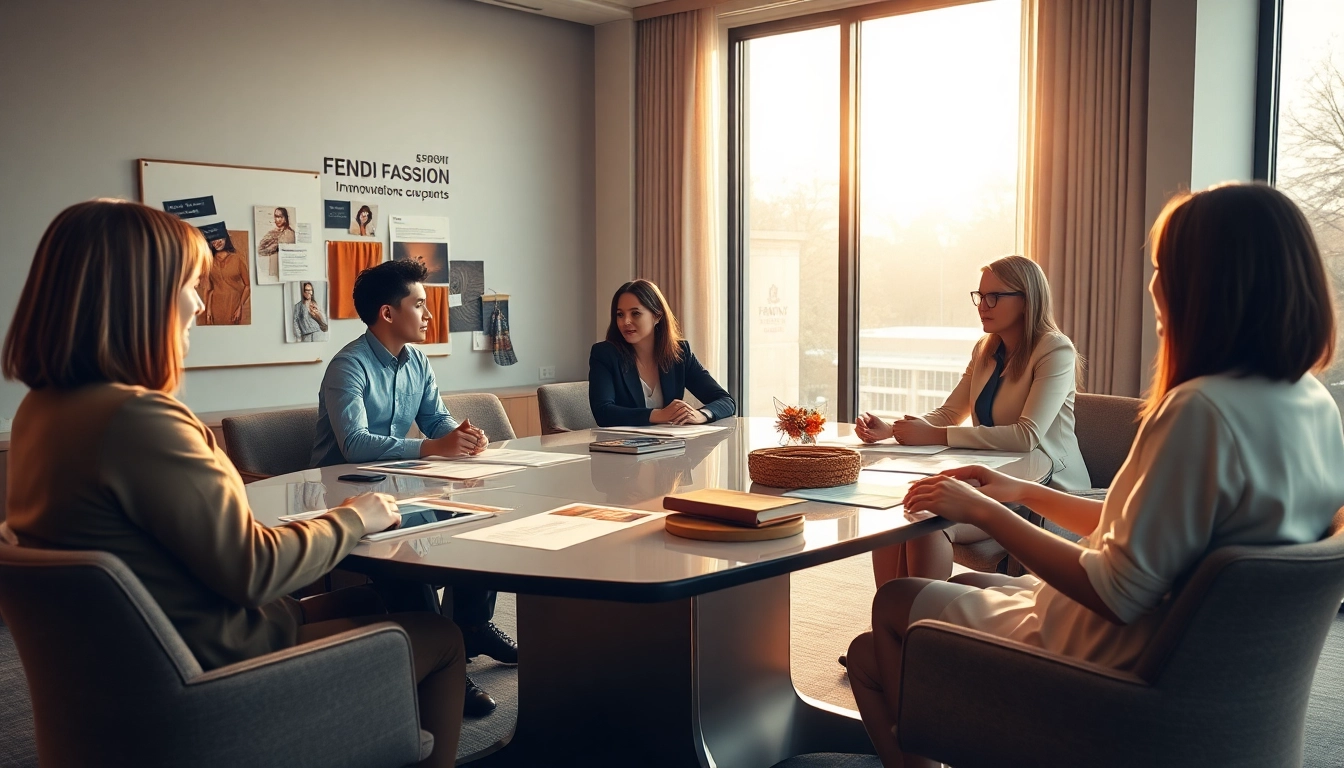 Illustration of a team brainstorming Fendi mission statement in a modern office environment.