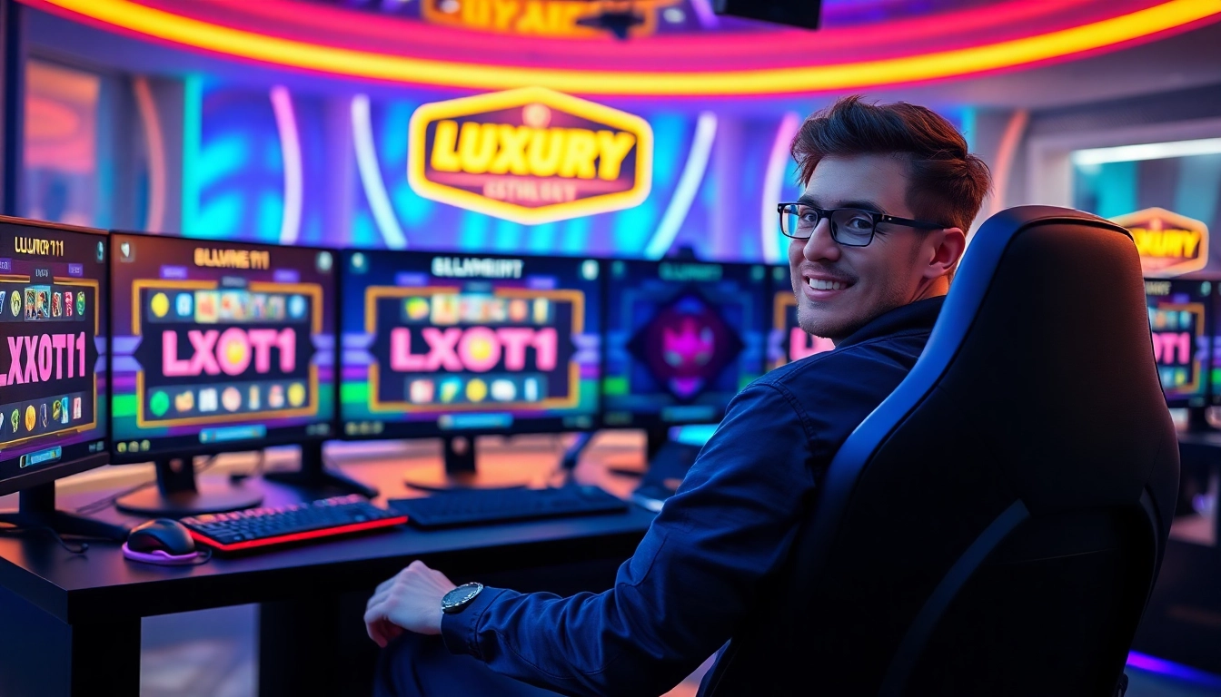 Memainkan luxury111 slot dengan fokus serius di meja gaming modern yang stylish.