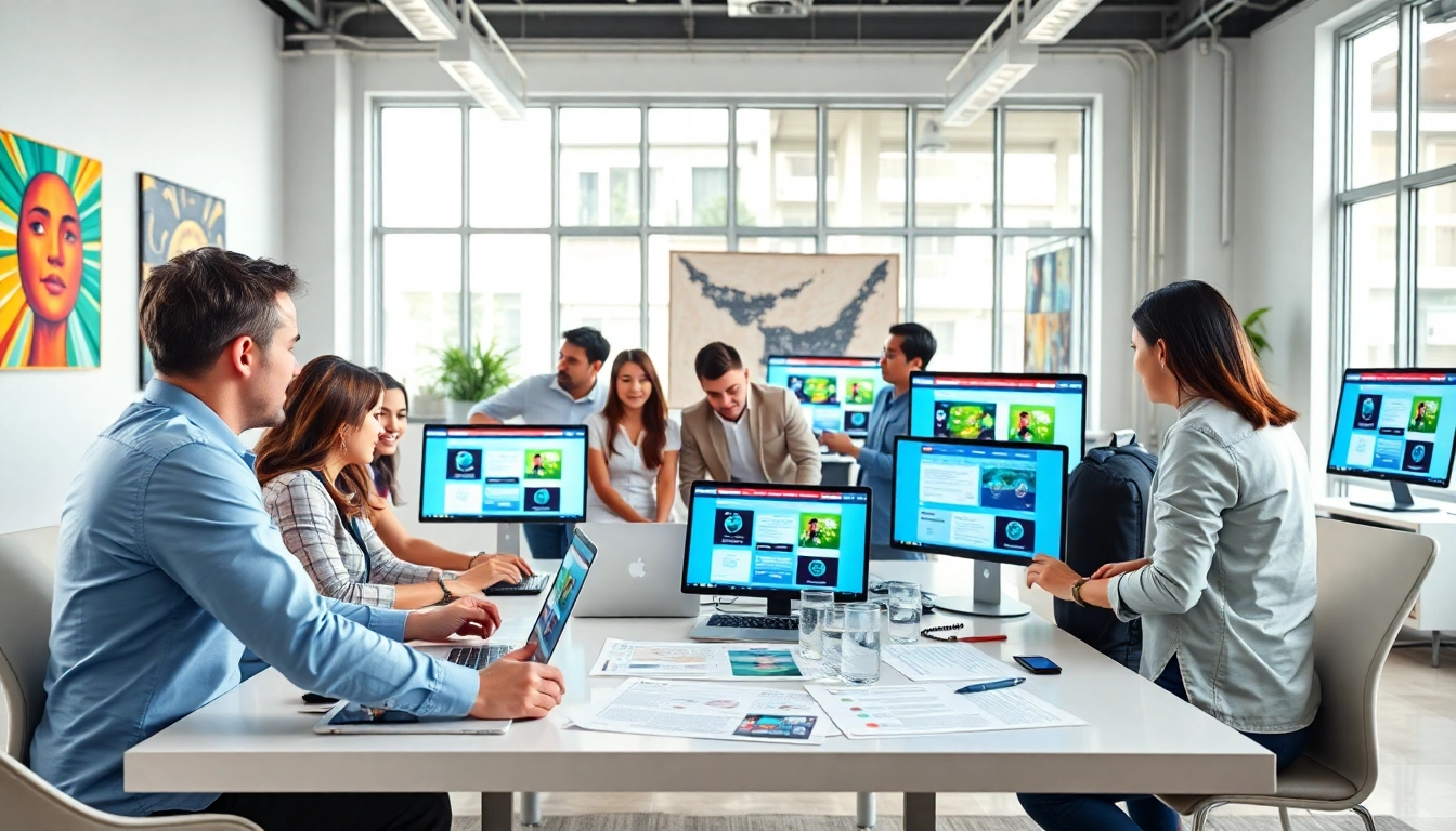 Team of a web design agency malaysia collaborating on project design in a modern office.