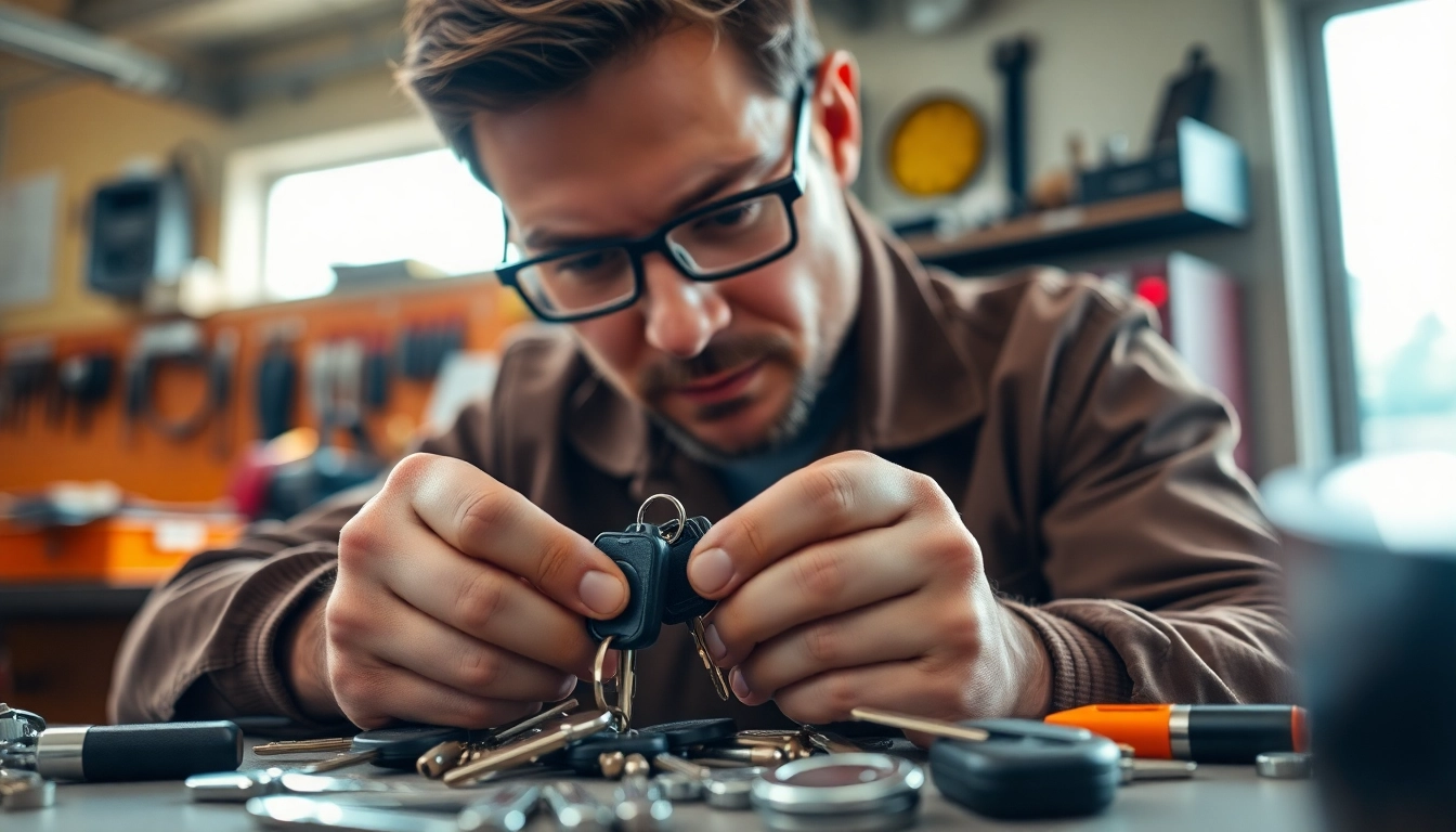 Craftsman repairing Replacement Car Keys with precision in a well-lit workshop.