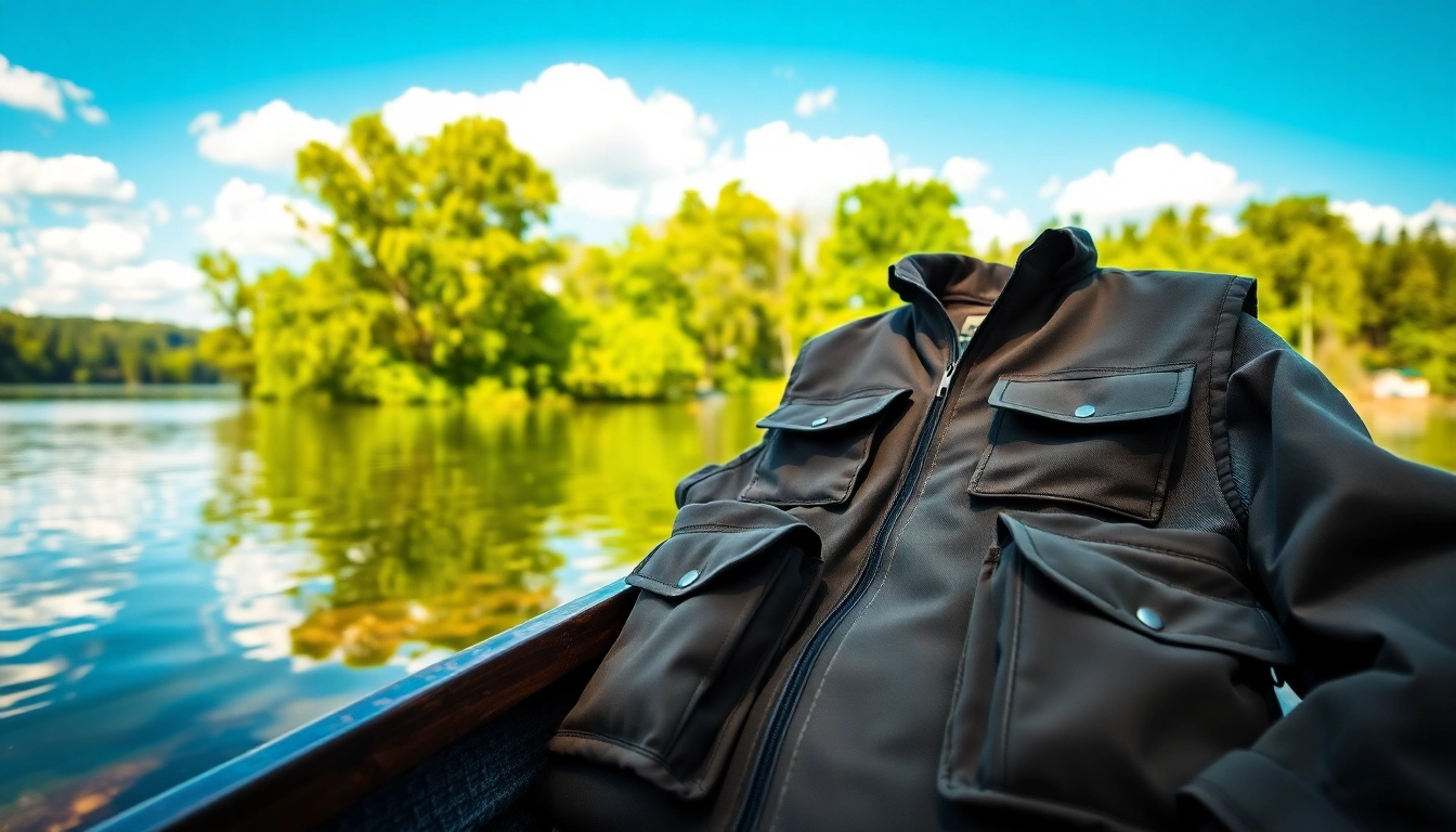 Showcase of stylish fly fishing apparel on a tranquil lakeside with vibrant colors.