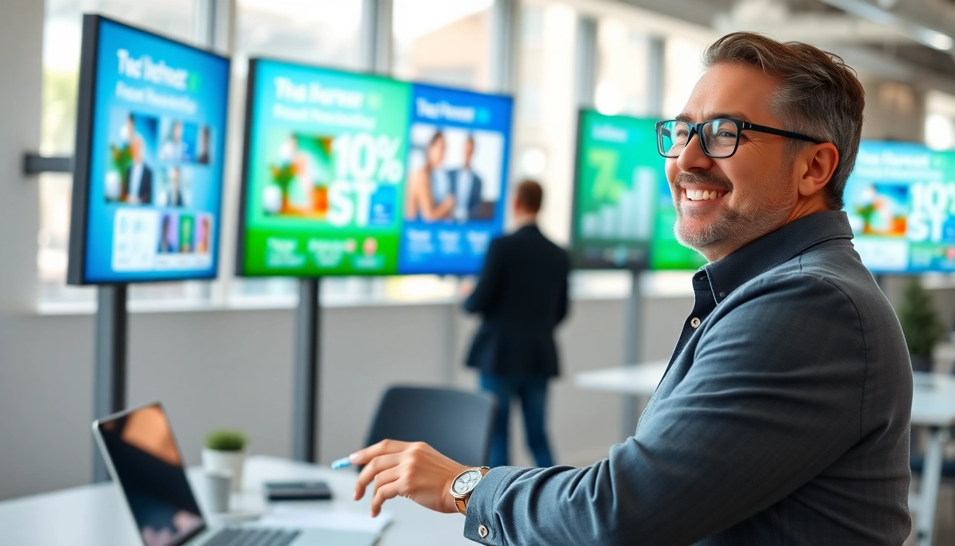 Engaged business owner using a Free signage platform for businesses in a modern office.