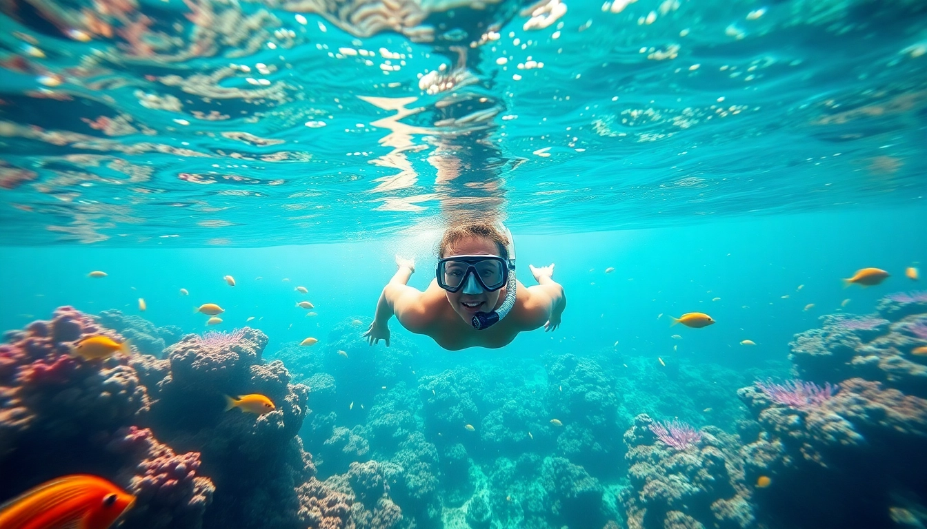 Snorkel Puerto Rico with a vibrant underwater scene featuring a snorkeler exploring a coral reef.