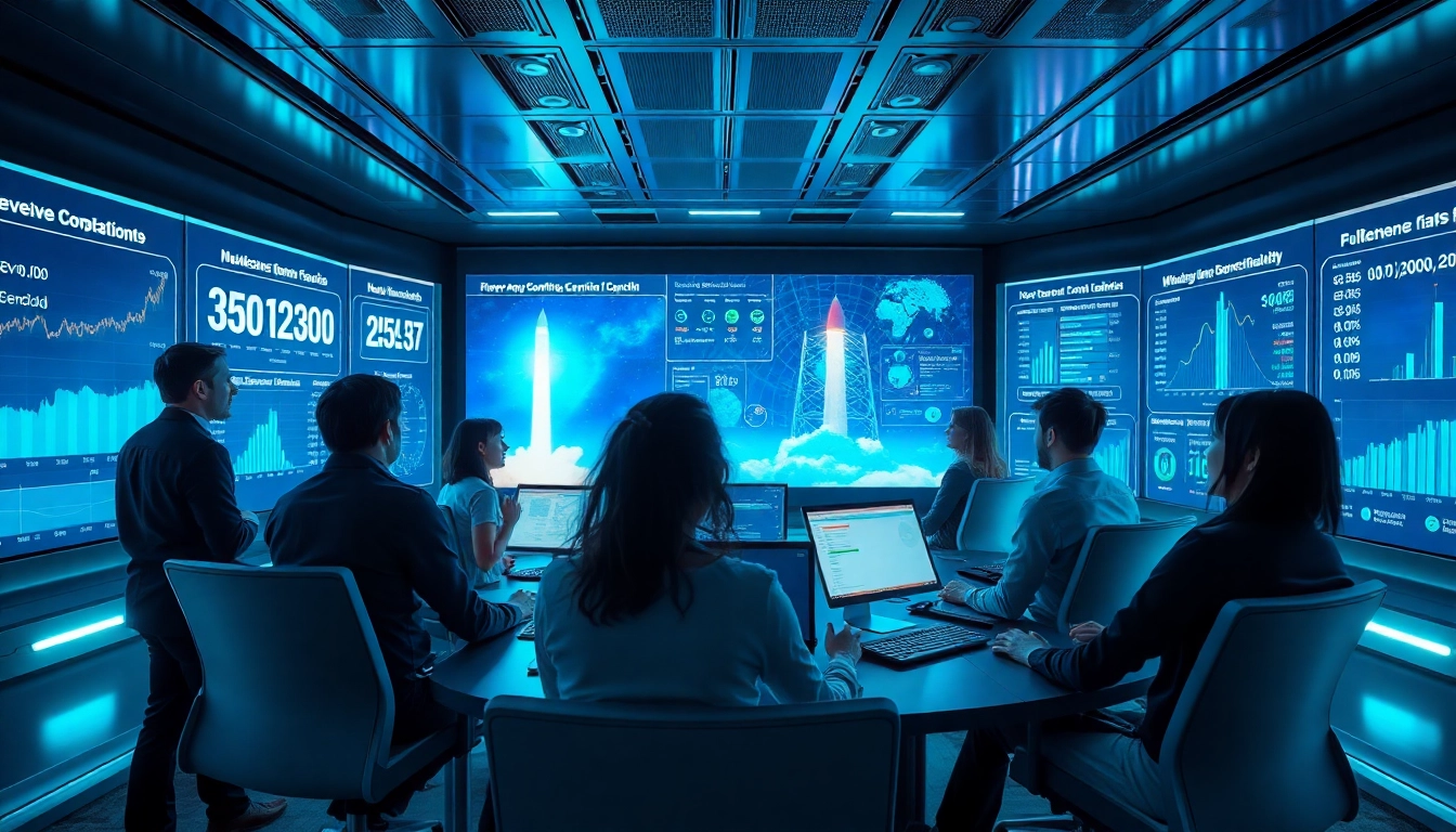 Dynamic control room illustrating the revenue rocket lab analytics with diverse professionals at work.
