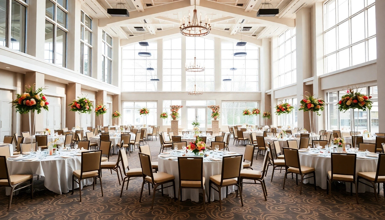 Transform the city venue event center into a stunning event space with elegant decorations and natural lighting.