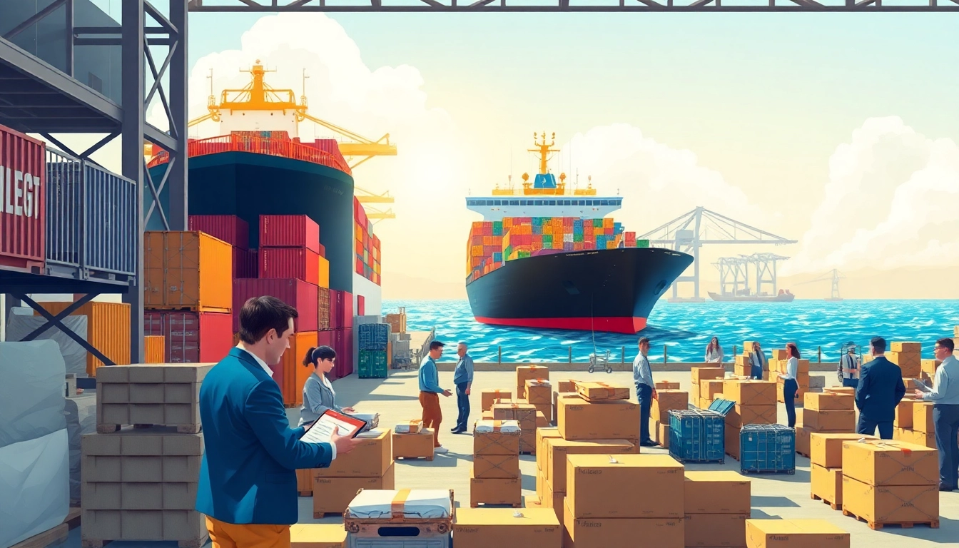 Importers organizing goods in a busy warehouse environment with cargo containers.