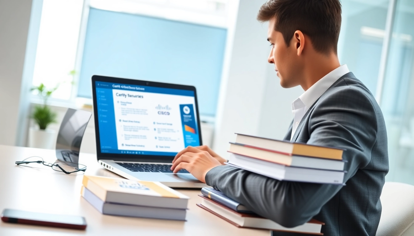Renew Cisco Certification study resources displayed on a desk, emphasizing preparation and diligence.