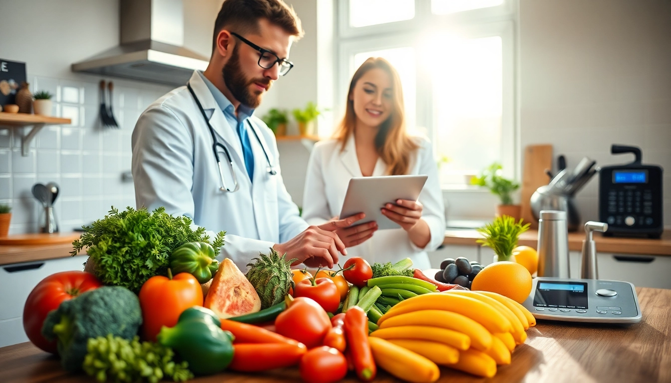 Abnehmen zeigt gesunde Lebensmittelanalyse durch Ernährungsberater in moderner Küche.